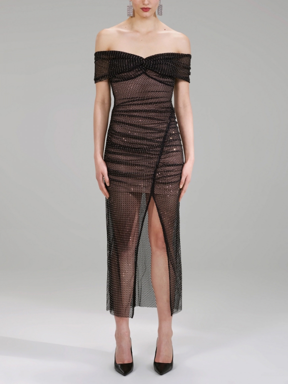 knee length dresses for ladies Self-Portrait - Burgundy Rhinestone Fishnet Midi Dress