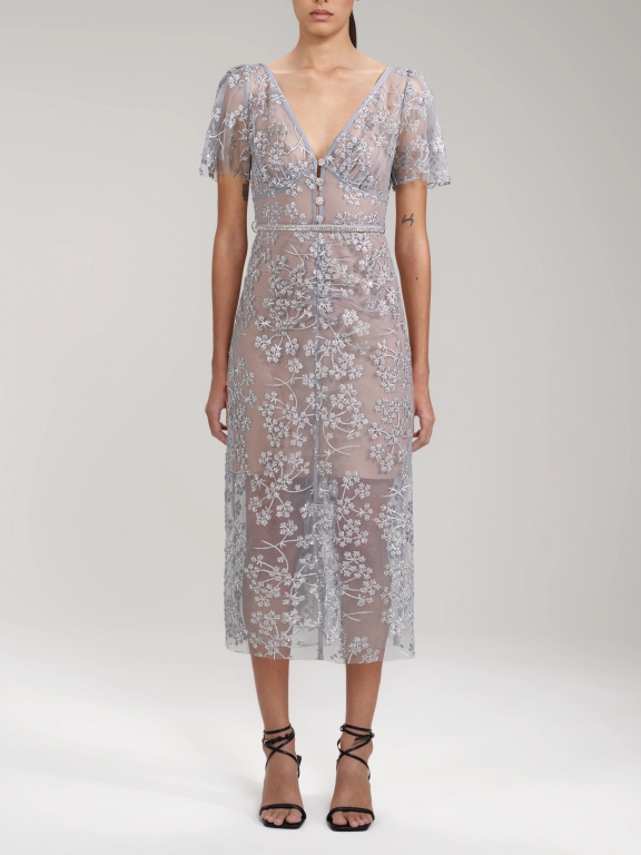 EMBROIDERED BLOSSOM FITTED MIDI DRESS - JADE Jakarta