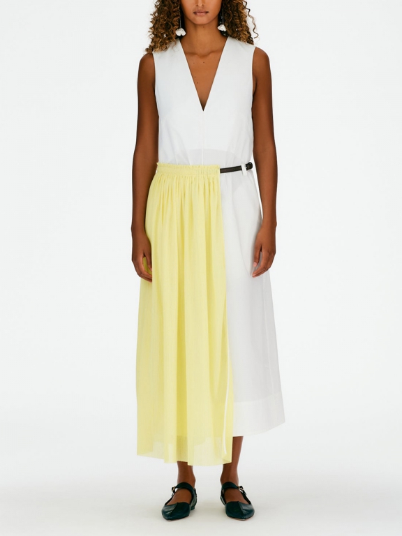 strapless open back dress Mixed Media Leather Pleated Ozzy Midi Dress