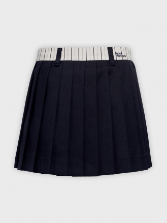 Wool Pleated Mini Skirt Contrast Waistband